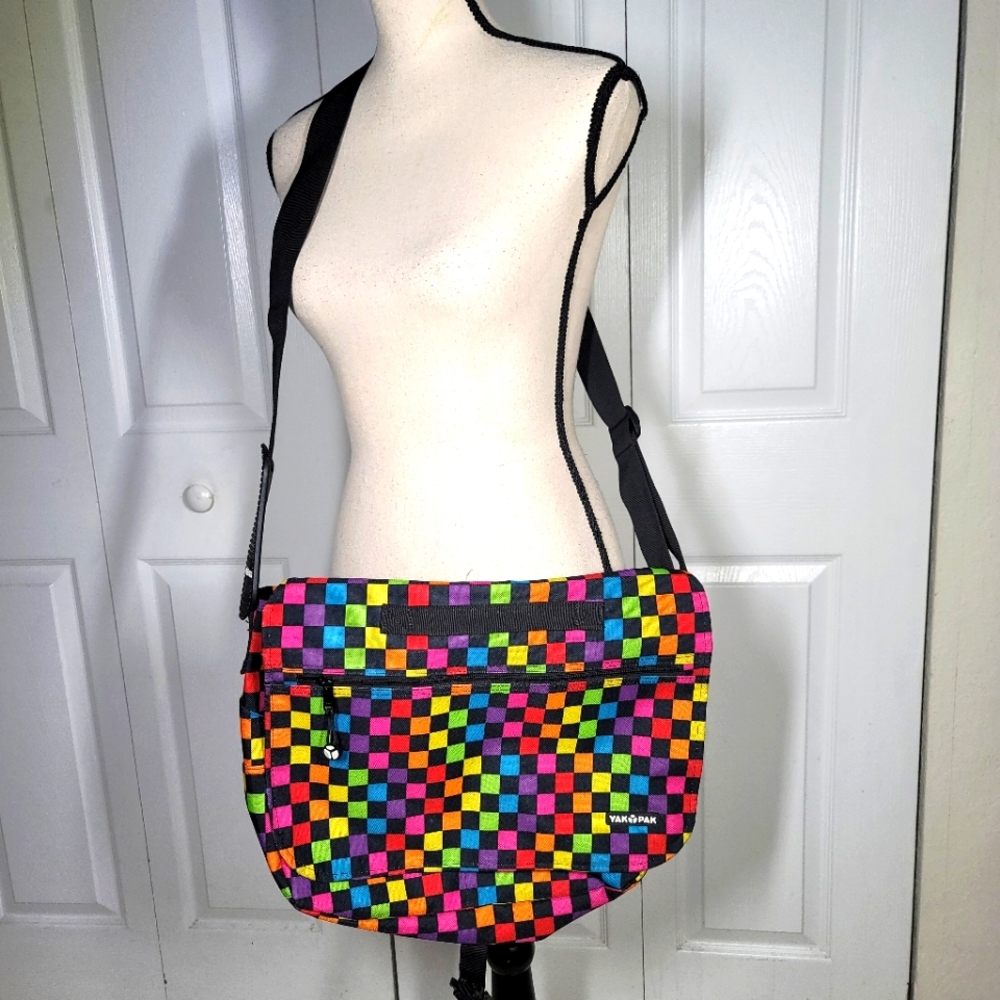 💥 Yak Pak Messenger Bag Book Bag Multi-colored Checks Crossbody Adjustable Unis
